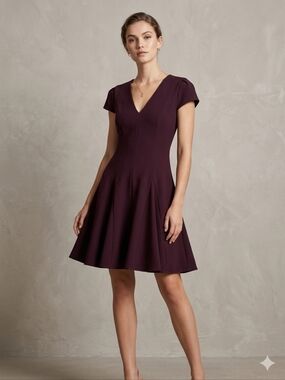 Halston Heritage Burgundy Fit & Flare Short Sleeve Dress